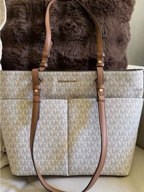 Michael Kors Cream and Tan Signature MK Medium Tote